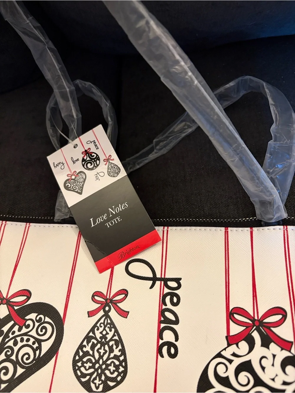Brighton White Tote with Black Ornament Hearts and Red Ribbon Accents